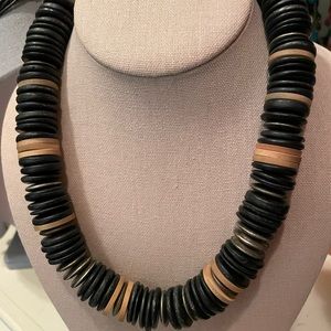 BEAUTIFUL WOODEN, CORK AND SILVER DIME SIZE BEAD NECKLACE